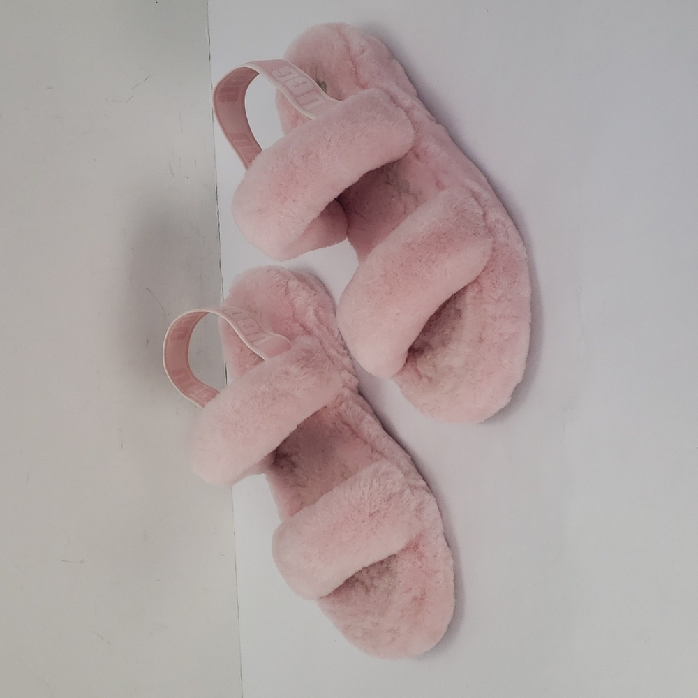 UGG OH YEAH PINK SHEEPSKIN SHEARLING PLATFORMS WEDGES STRAPPY SLIDES SLIPPERS 9